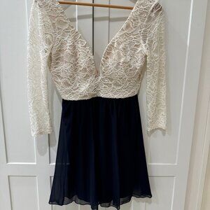 Lace Bodice Chiffon Dress – Ivory & Navy | Size Small | Built-In Padding